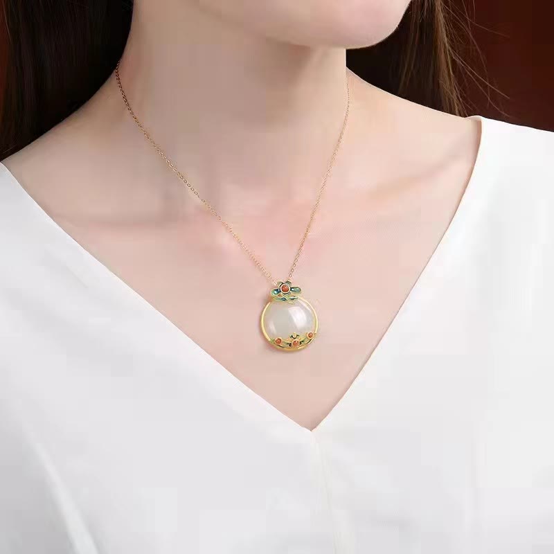 Buddha Stones White Jade Red Agate Flower Blessing Luck Necklace Pendant Necklaces & Pendants BS 3