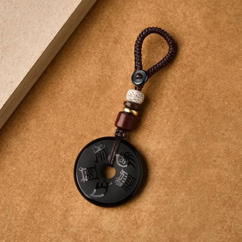 Buddha Stones Black Obsidian Taoism Five Sacred Mountains Carved Strength Peace Buckle Necklace Pendant Key Chain Phone Hanging Decoration Necklaces & Pendants BS 5