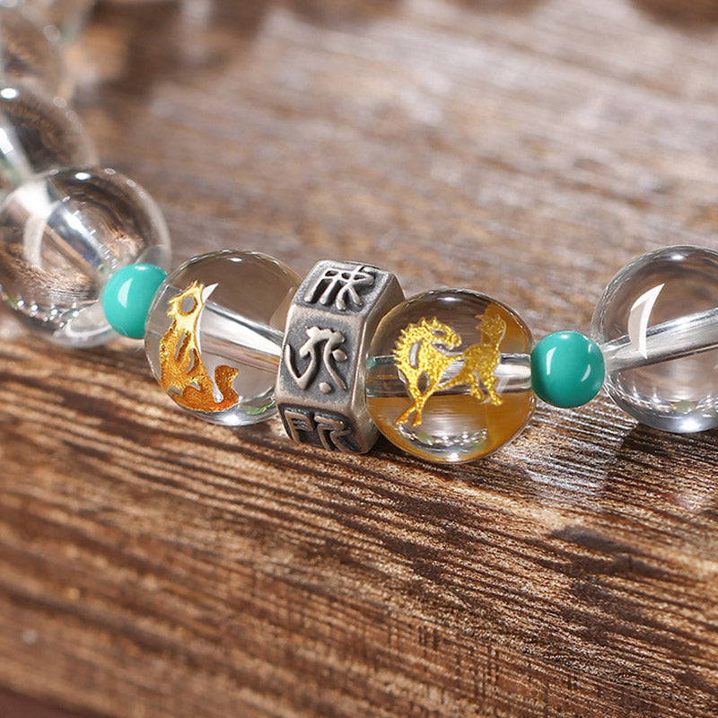 Buddha Stones 925 Sterling Silver Chinese Zodiac Natal Buddha Auspicious Groups White Crystal Hetian Jade Healing Bracelet Bracelet BS 5