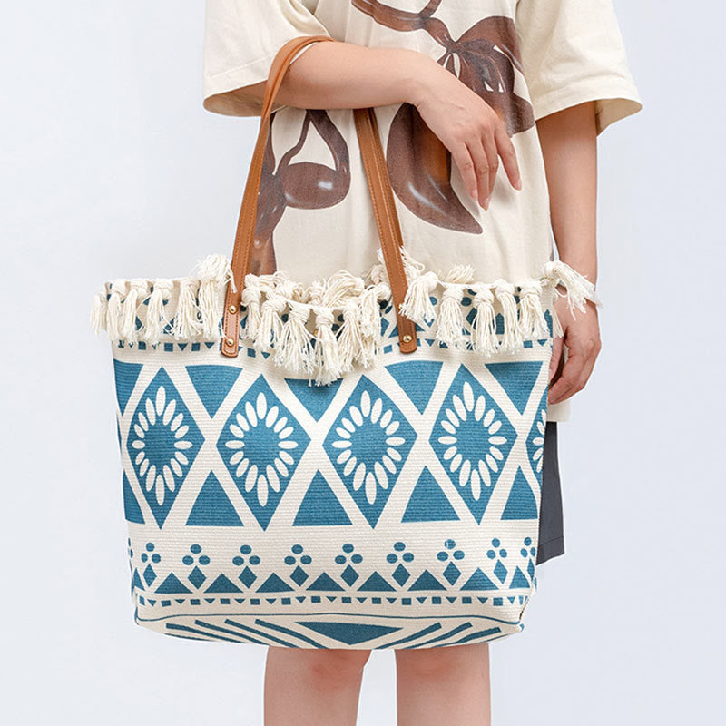 Buddha Stones Large Capacity Boho Geometry Print Tassel Canvas Tote Shoulder Bag Shoulder Bag BS 3
