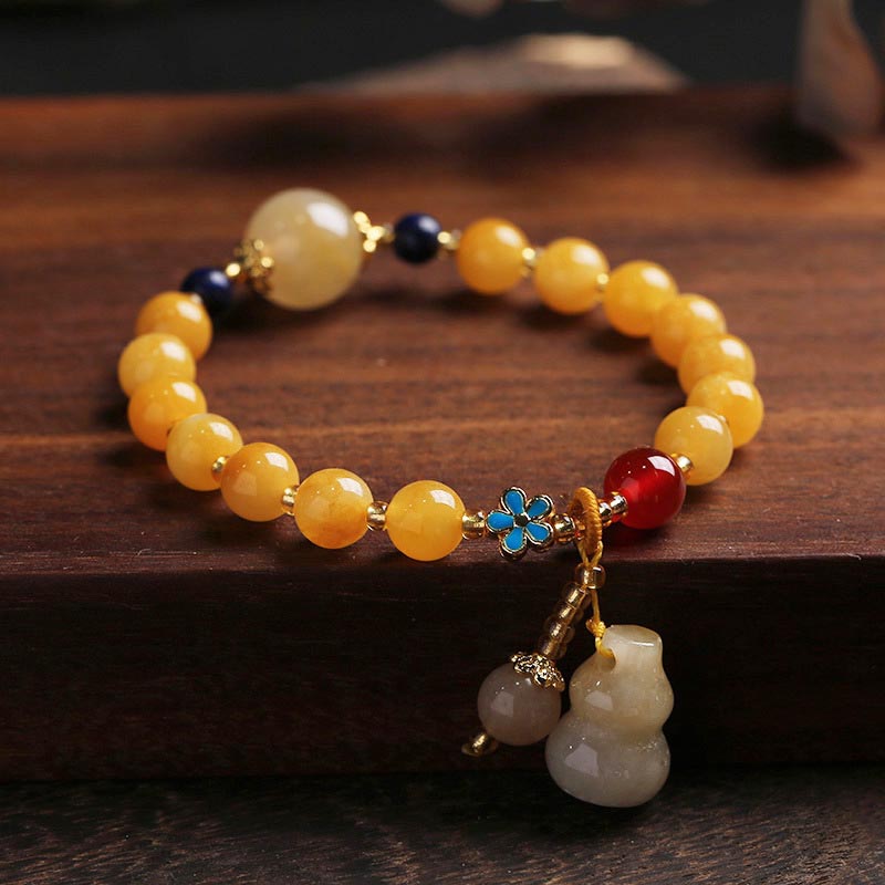 Buddha Stones Natural Golden Silk Jade Gourd Charm Wealth Luck Bracelet Bracelet BS Golden Silk Jade(Wrist Circumference 14-16cm)