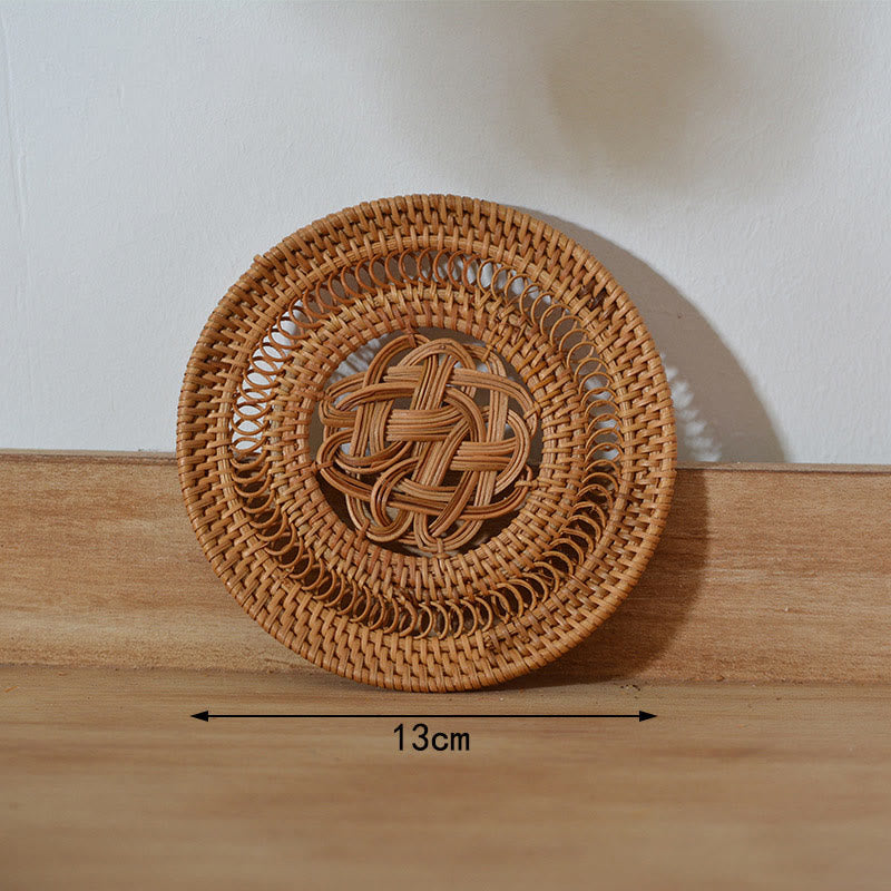 Buddha Stones Ceramic Flower Pattern Rattan Cup Mat Tea Cup Coaster Decorations BS 13cm Hollow Coaster