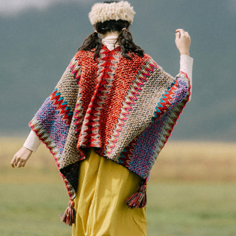 Buddha Stones Tibetan Shawl Knitting Warm Cloak Tibetan Tassel Scarf Tibetan Shawl BS 2