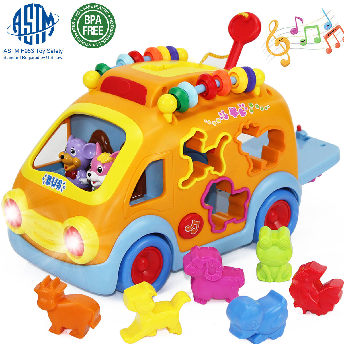 Fidtoy Musical Activity Bus Toy with Animal Puzzle for Toddlers