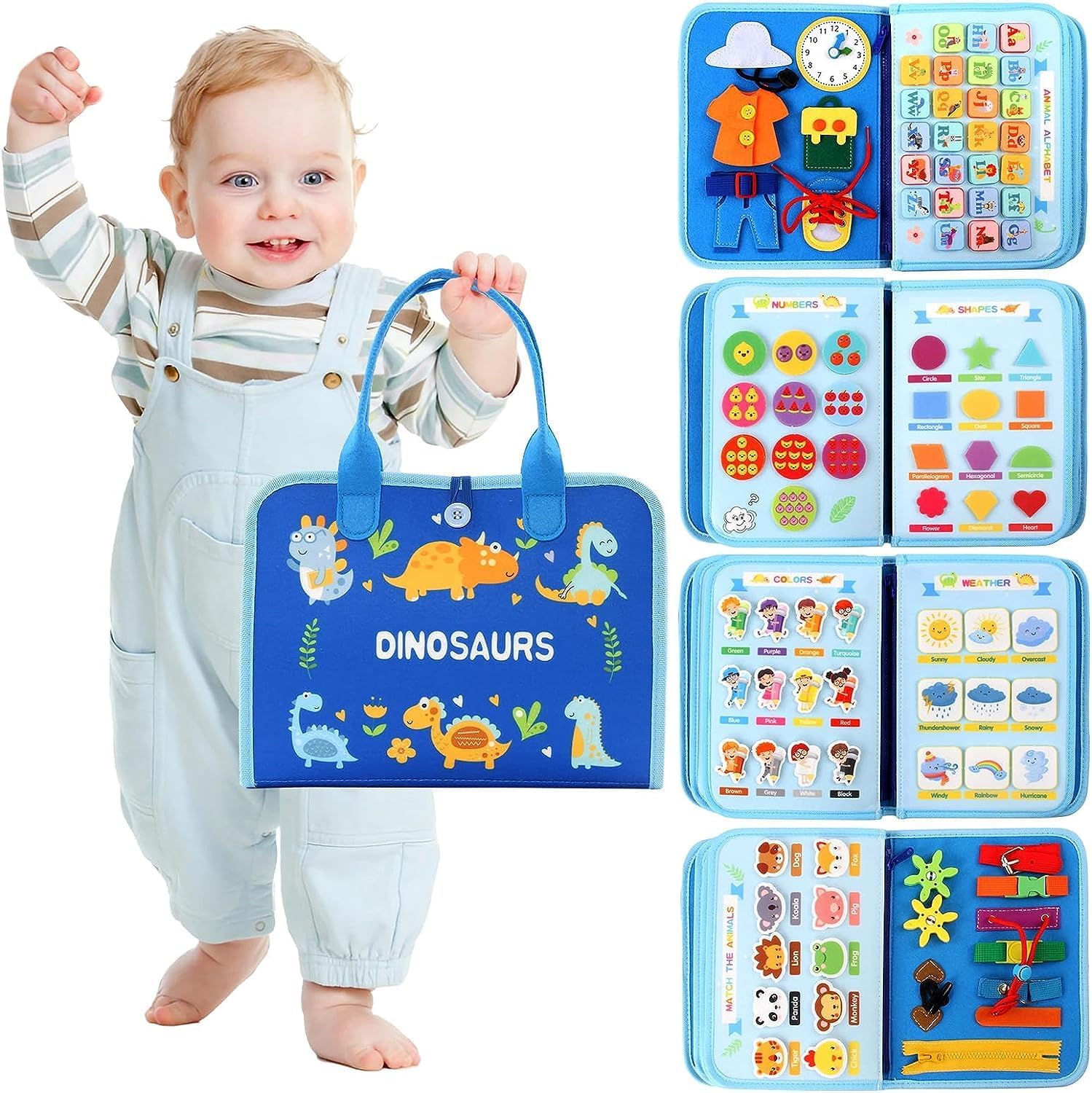 Fidtoy Busy Dinosaur Learning Sensory Fine Motor Book for Toddlers – 5 Double-Sided Montessori Busy Book with Buckles, Zippers, Numbers, Letters & Weather Activities