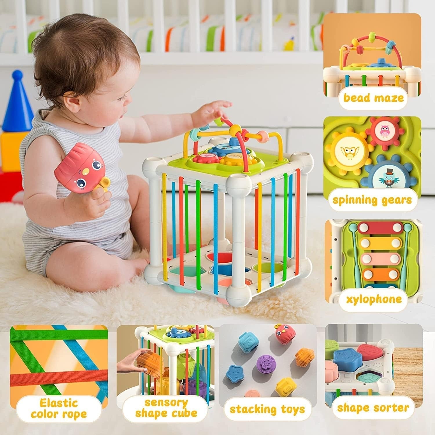 Fidtoy Baby Multifunction Activity Shapes Learning Cube Montessori Sensory Shape Sorting Toy with Bead Maze, Color Blocks, Numbers and Letters for Toddlers 18+ Months