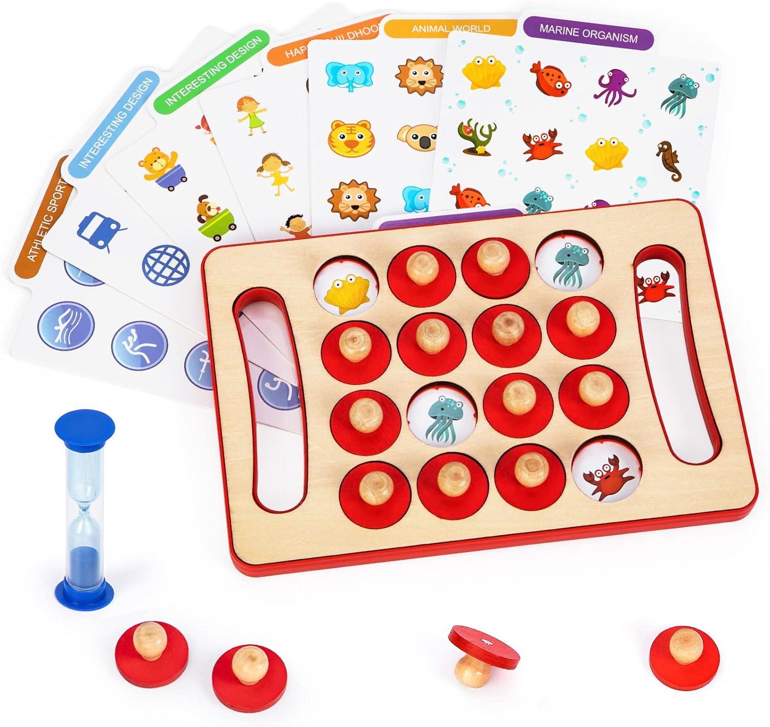 Fidtoy Wooden Matching Memory Chess Board with Timer Animal Pattern Memory Game for Kids Ages 3+