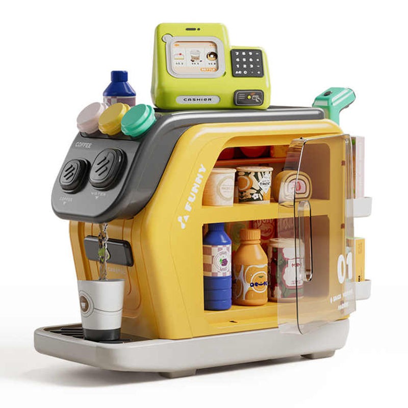 Fidtoy 3-in-1 Multifunctional Pretend Play House Cashier Coffee Set, Kids Plastic Coffee Maker Refrigerator Cashier Toy, Kitchen Shopping Role Play Set for Ages 3+