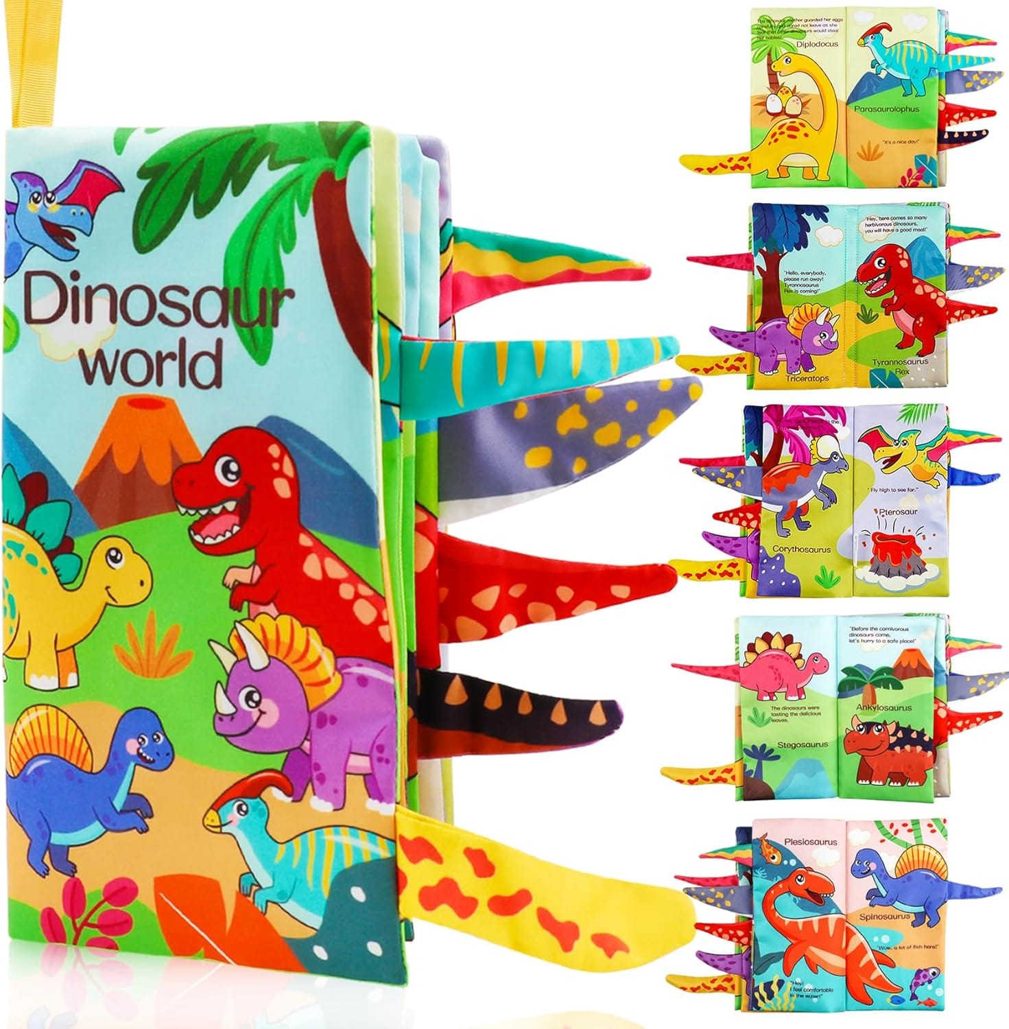 Fidtoy Baby Soft Dinosaur Learning Cloth Book Sensory Crinkle Baby Book with Textured Dinosaur Tails for Infants and Toddlers Ages 0-2