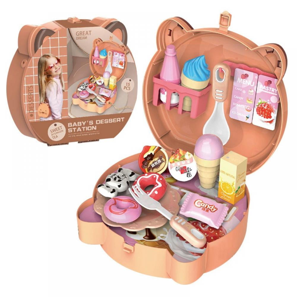 Fidtoy Pretend Play Dessert Station Briefcase 15 Pieces for Kids Plastic Afternoon Tea Role Play Toy Ages 3+