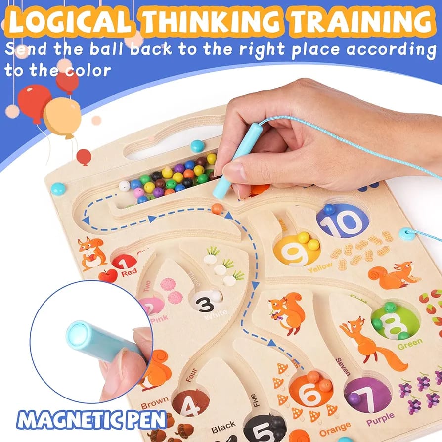 Fidtoy Wooden Magnetic Color and Number Maze Board Montessori Squirrel Bead Sorting Toy for Kids Ages 2 to 6