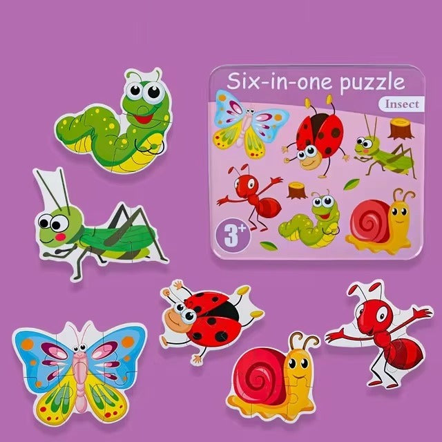 Fidtoy 6-in-1 Jigsaw Puzzle with Number Insects Tin Box for Kids, Wooden Insect Puzzle Set with Number Recognition Guide, Educational Preschool Puzzle Toy Age 2–6