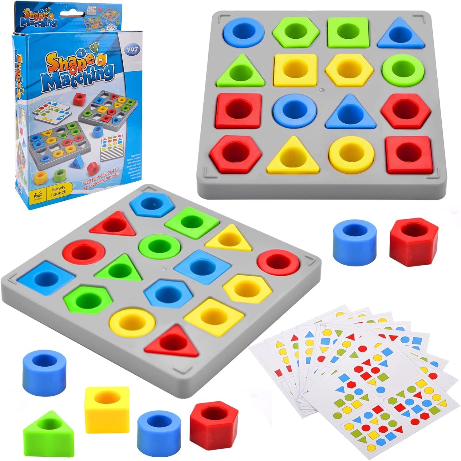 Fidtoy Shape Matching Challenge Pattern Game Multiplayer for Kids Ages 3-8, Plastic Geometry Matching Board with Colorful Shapes, Challenge Cards