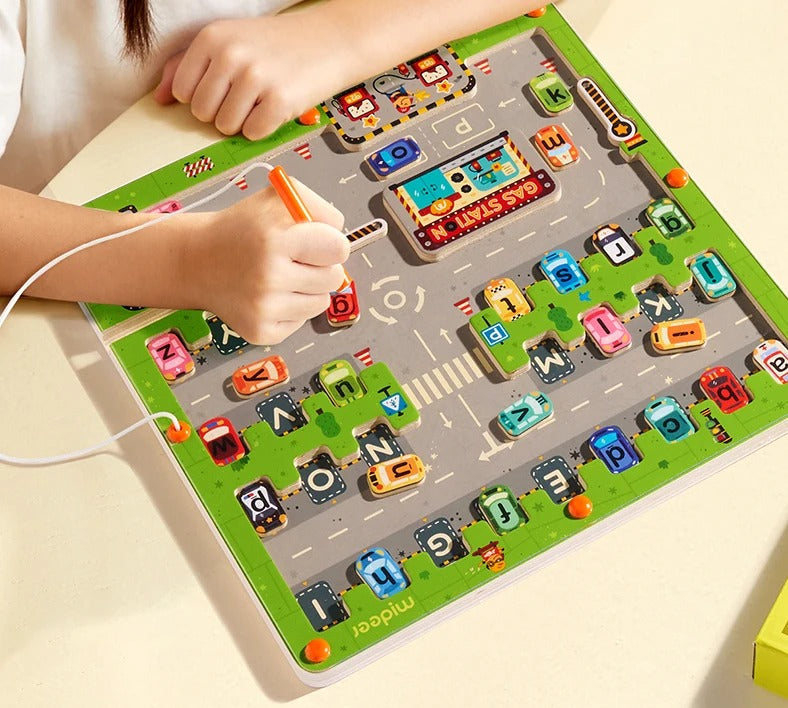 Fidtoy Magnetic Maze Parking Lot Letter Matching Board, Alphabet Car Maze Toy with 26 Letter Cars and Magnetic Pen, Uppercase Lowercase Matching Toy Ages 3+