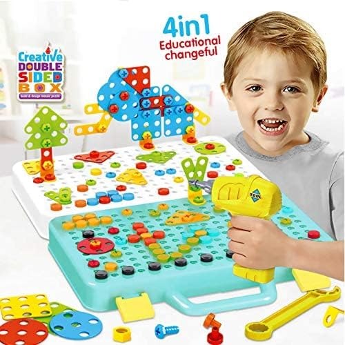 Fidtoy Coffret de jeu créatif de mosaïque à visser avec perceuse électrique pour enfants, 252 pièces, jouet de construction STEM avec perceuse électrique et vis colorées, 4-8 ans
