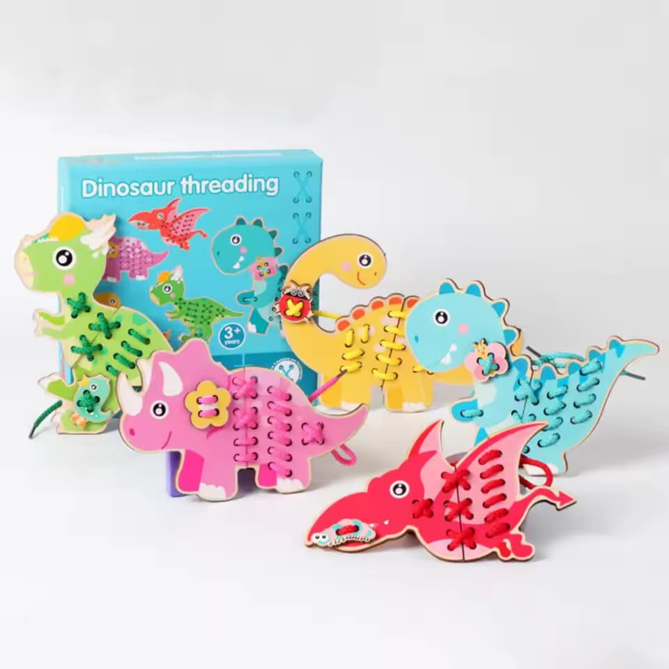 Fidtoy Wooden Dinosaur Threading Toy for Kids | Montessori Lacing Cards, Hand-Eye Coordination, Fine Motor Skills & Preschool Sewing Activity Toy Age 2-6
