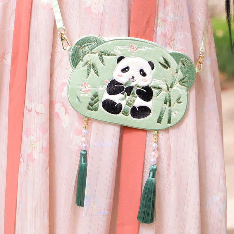Buddha Stones Embroidery Lucky Panda Cat Shiba Inu Deer Rabbit Fox Flower Cute Animal Hanfu Bag Crossbody Bag Shoulder Bag Bag BS Panda Bamboo