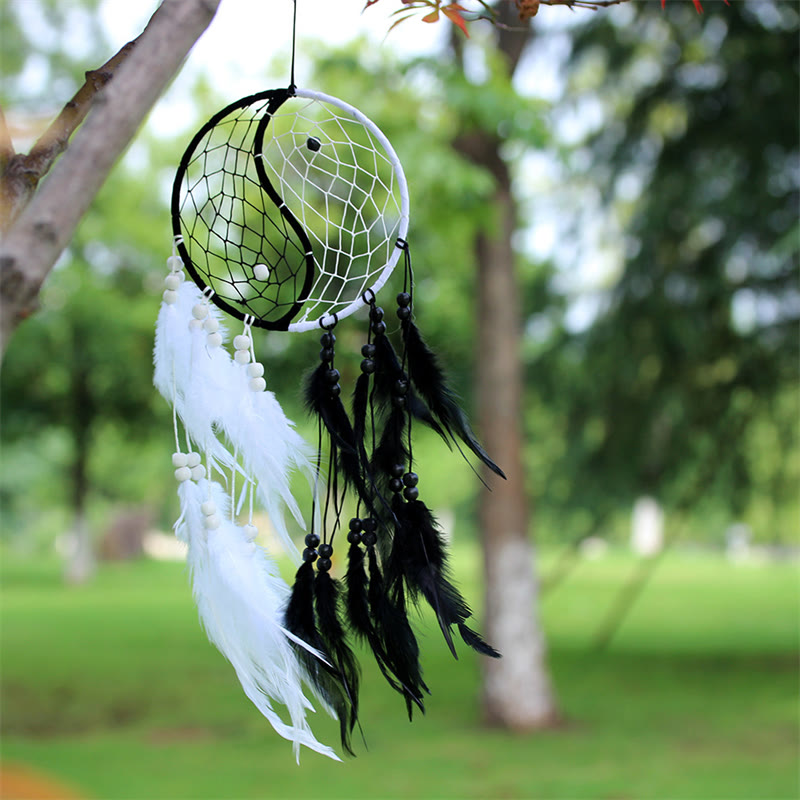 Buddha Stones Yin Yang Dream Catcher Circular Net with Feathers Balance Decoration Decorations BS 2