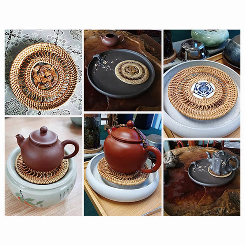 Buddha Stones Ceramic Flower Pattern Rattan Cup Mat Tea Cup Coaster Decorations BS 22
