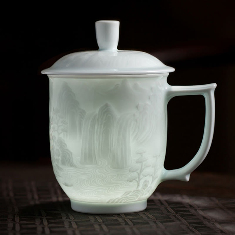 Buddha Stones Jingdezhen White Porcelain Handmade Great Wall Landscape Engraved Ceramic Teacup Office Mug Tea Cups Cup BS Landscape 9.3cm*14.8cm*450ml