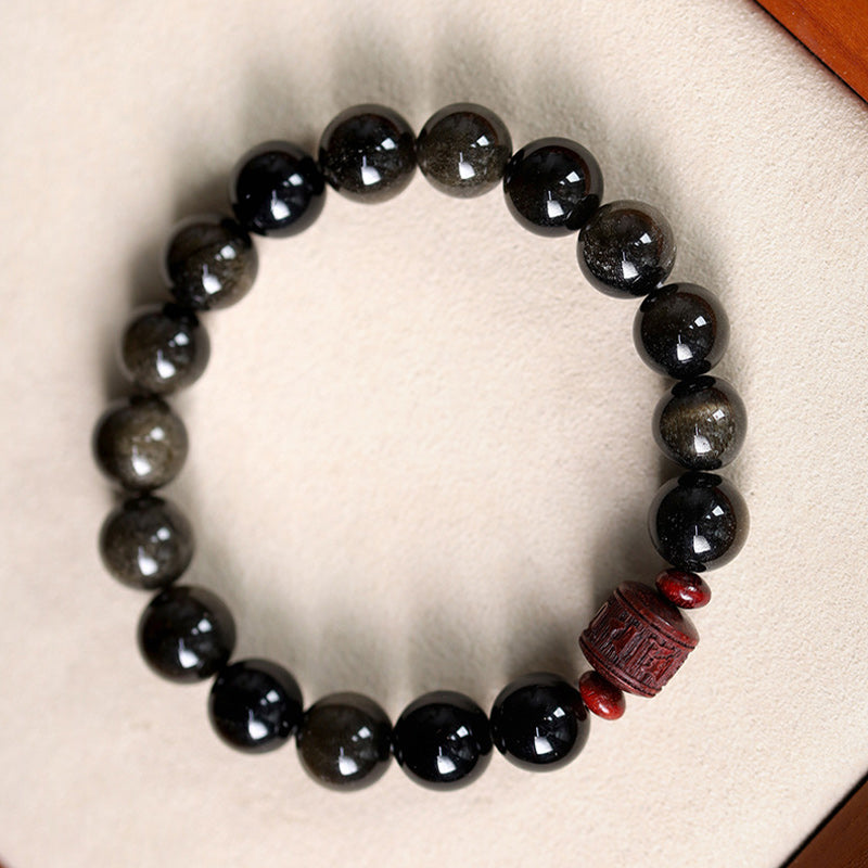 Buddha Stones Natural Gold Sheen Obsidian Rainbow Obsidian Om Mani Padme Hum Fu Character Healing Bracelet Bracelet BS 4