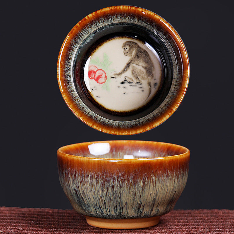 Buddha Stones 12 Chinese Zodiac Pattern Ceramic Teacup Kung Fu Jian Chinese Zhan Tea Cup 73ml Jian Zhan Tea Cup BS Monkey 6.8cm*3.6cm*73ml