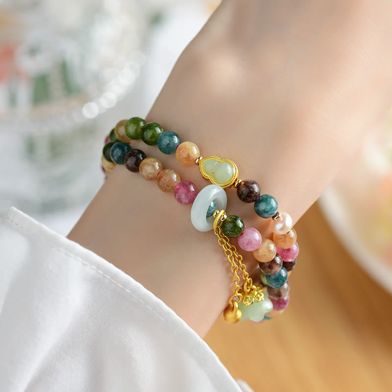 Buddha Stones Multicolored Tourmaline Gourd Wisdom Double Wrap Lily Of The Valley Charm Bracelet Bracelet BS 6