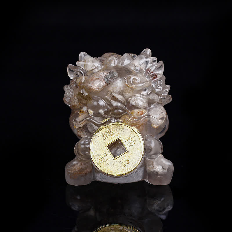 Buddha Stones Handmade Cute PiXiu Gold Coin Crystal Fengshui Energy Wealth Fortune Home Decoration Decorations BS White Phantom