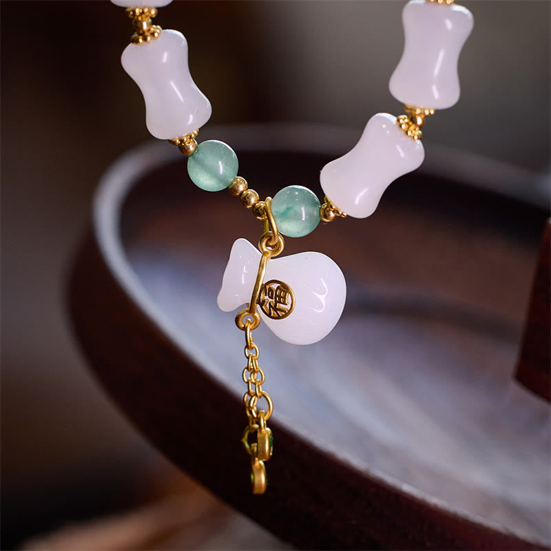 Buddha Stones Natural White Golden Silk Jade Bamboo Pattern Wealth Lucky Bag Fu Character Bracelet Bracelet BS 1