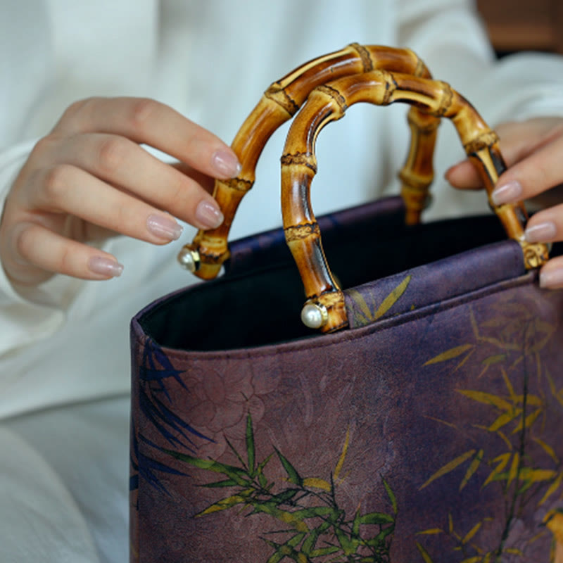 Buddha Stones Purple Magpie Birds Branches Bamboo Handles Handbag Handbags BS 4