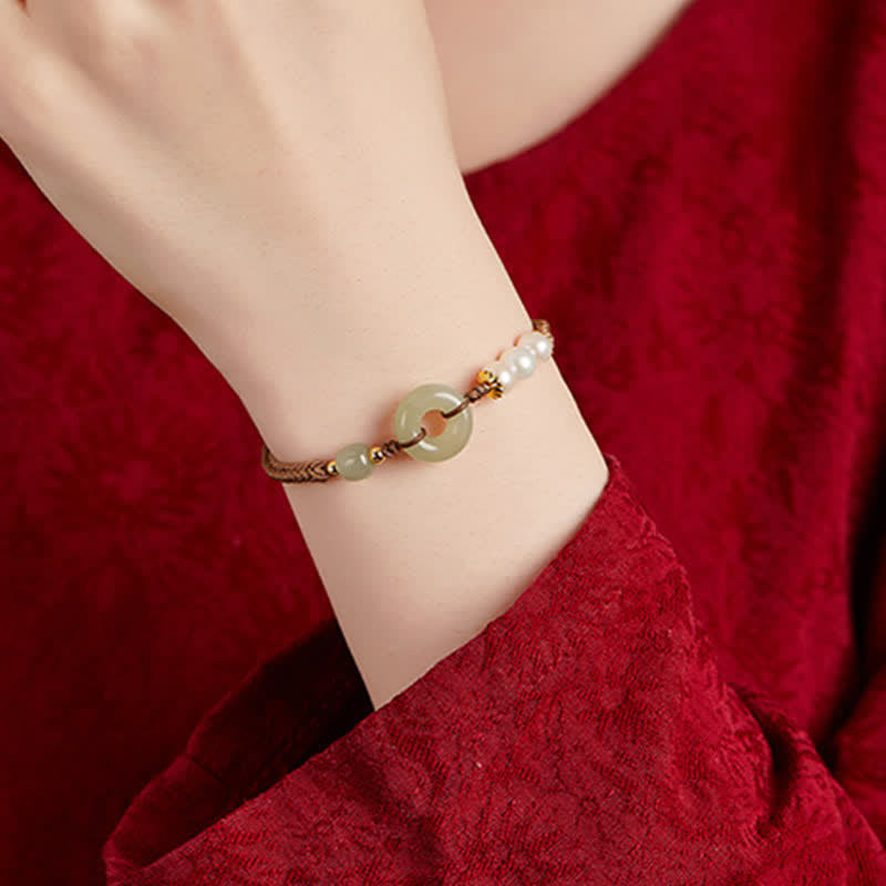 Buddha Stones Natural Hetian Jade Pearl Peace Buckle Luck Bracelet - image 4