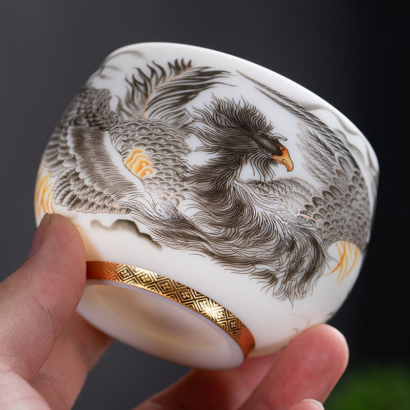 Buddha Stones Phoenix White Porcelain Ceramic Teacup Kung Fu Tea Cup 185ml With Gift Box Cup BS Black Phoenix 8.5cm*6cm*185ml