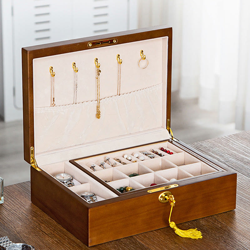 Buddha Stones Vintage Wooden Jewelry Box Two-Layer Solid Wood Jewelry Storage Box Jewelry Box BS 1