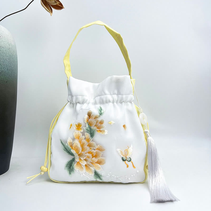 Buddha Stones Suzhou Embroidery Rabbit Lotus Epiphyllum Peony Magnolia Silk Tote Crossbody Bag Shoulder Bag Handbag Crossbody Bag BS Yellow Golden Peony 20*20*7cm