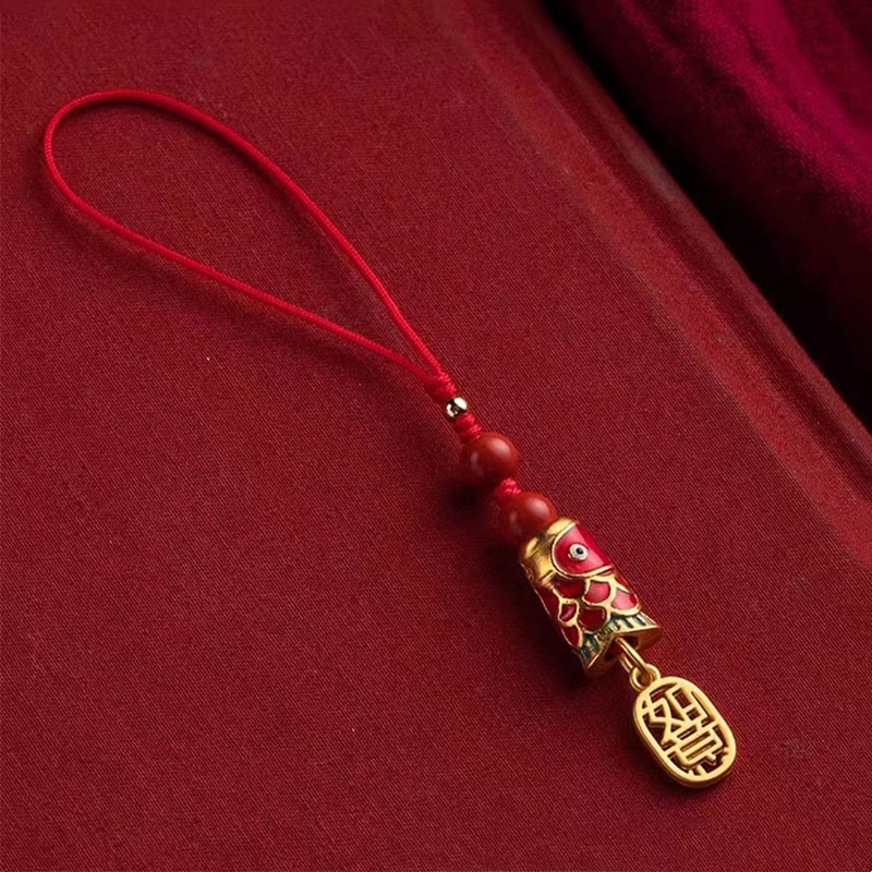 Buddha Stones Koi Fish Cinnabar Attracting Wealth Wish Ruyi Charm Luck Phone Hanging Decoration Phone Hanging Decoration BS Wishful Koi Fish Double Bead