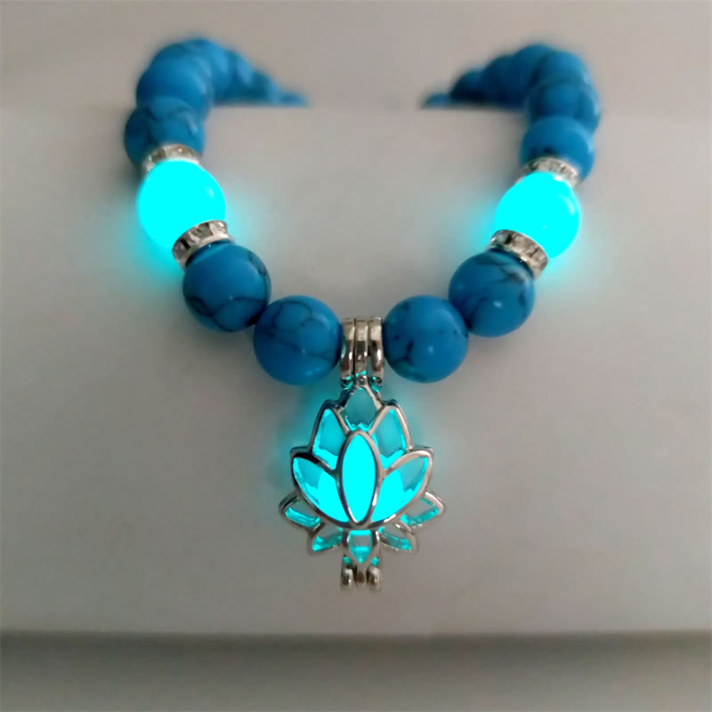 Buddha Stones Tibetan Turquoise Glowstone Luminous Bead Lotus Protection Bracelet Bracelet BS Dark Blue Turquoise Blue-Green Light
