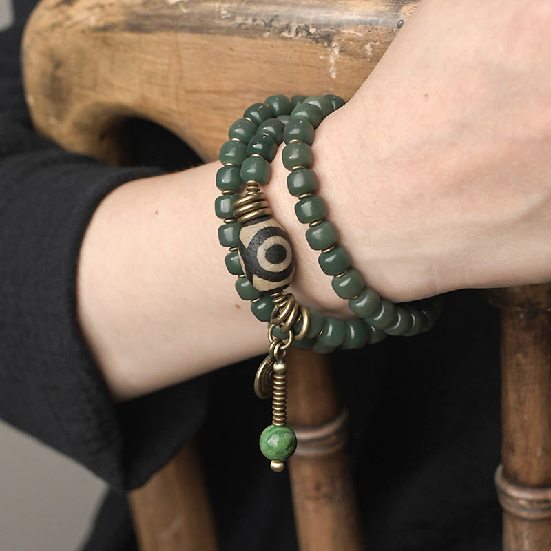 Buddha Stones Cyan Bodhi Seed Dzi Bead Wisdom Peace Triple Wrap Bracelet Mala Bracelet BS 1