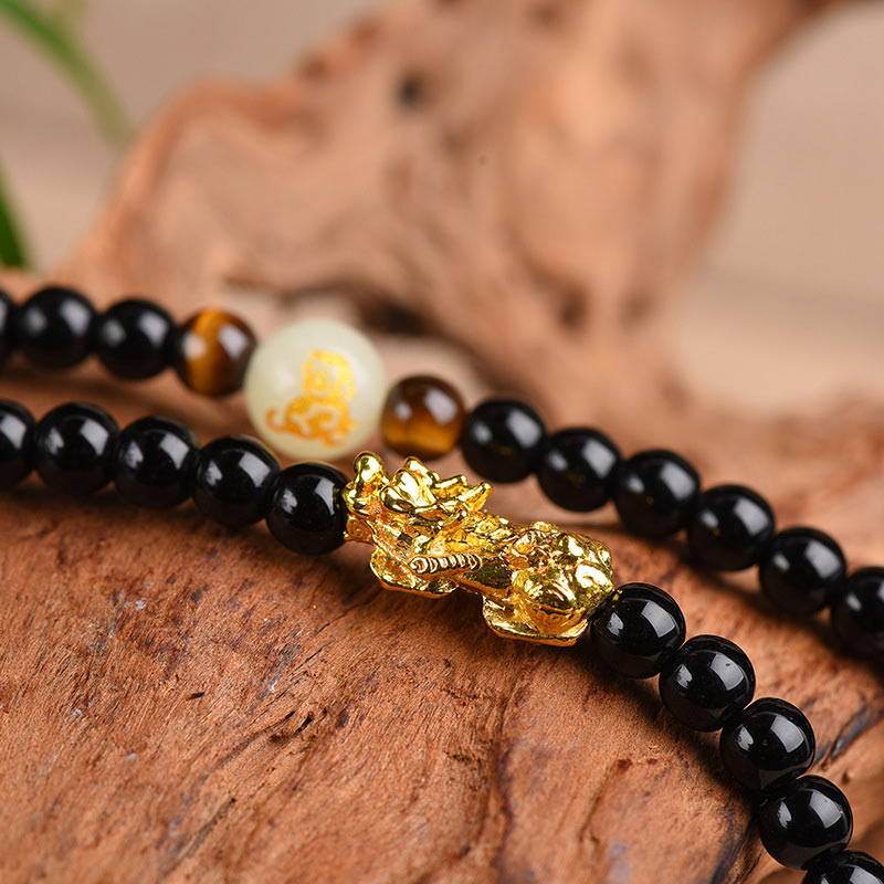 Buddha Stones Chinese Zodiac Obsidian PiXiu Protection Mala Bracelet Bracelet BS 3