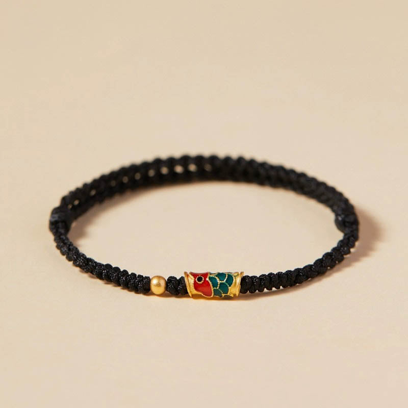 Buddha Stones Handcrafted Koi Fish Wealth Prosperity Braided Rope Bracelet Bracelet BS Black(Wrist Circumference 14-17.5cm) Golden Bead