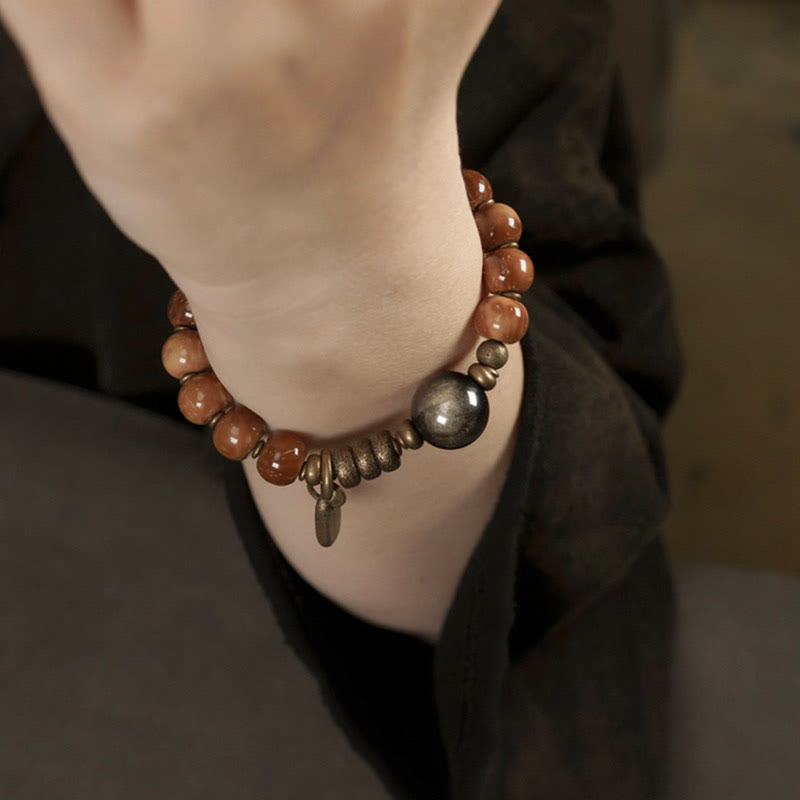 Buddha Stones Kuka Seed Tiger Eye Gold Sheen Obsidian Copper Wealth Luck Bracelet Bracelet BS 12