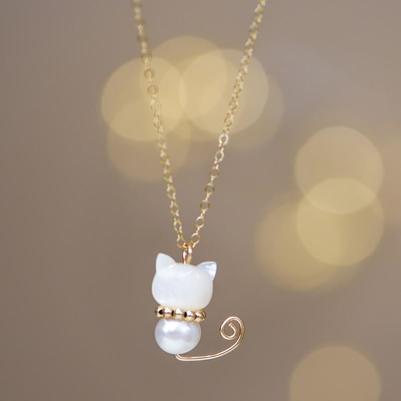 Buddha Stones 14K Gold Plated Pearl Hetian Jade Shell Luck Cat Kitten Necklace Pendant Necklaces & Pendants BS Normal 14K Gold Plated Pearl