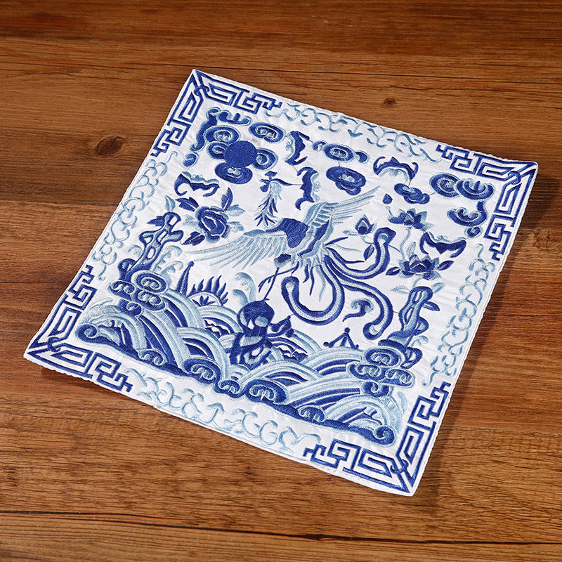 Buddha Stones Crane Phoenix Dragon Kirin Embroidered Cup Mat Pad Tea Cup Coaster Square Kung Fu Tea Mat Tea Mat BS Blue And White Phoenix