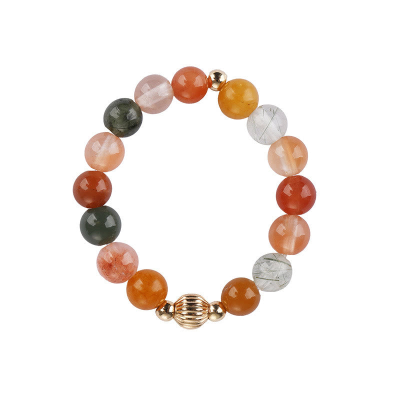 Buddha Stones 14k Gold Plated Copper Fu Lu Shou Crystal Peach Moonstone Happiness Wealth Ring Ring BS 5