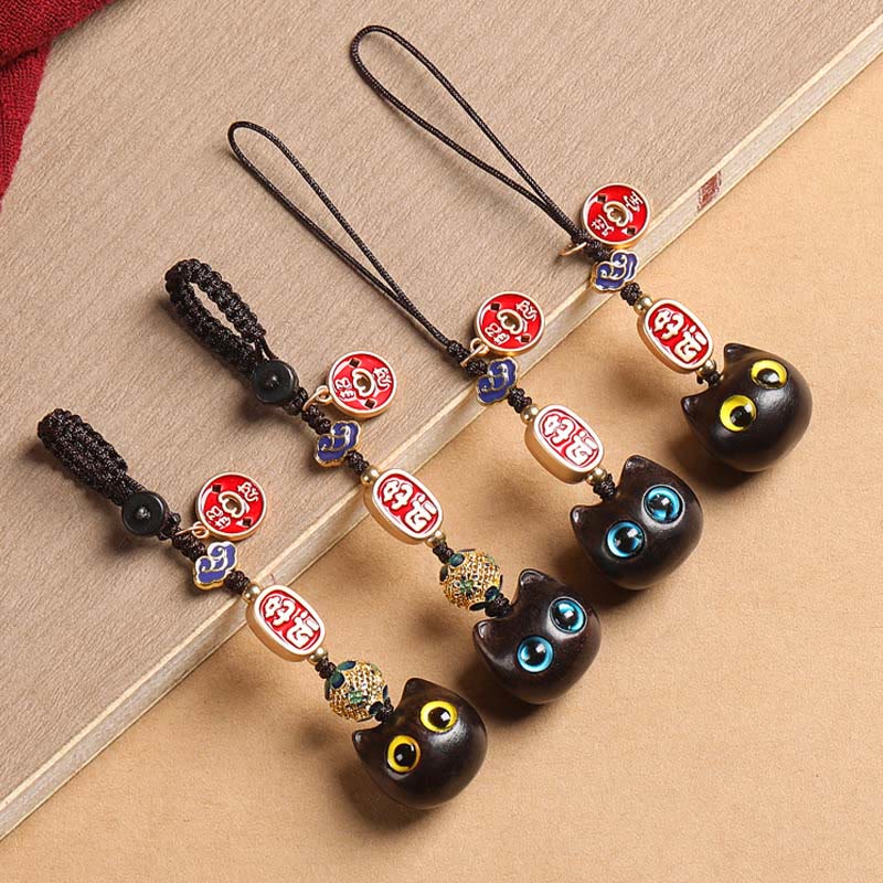 Buddha Stones Ebony Wood Lucky Cat Auspicious Cloud Peace Key Chain Phone Hanging Decoration Key Chain BS 1