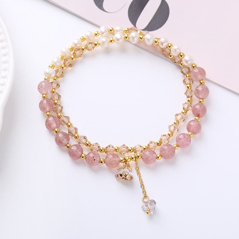 Buddha Stones Natural Amethyst Aquamarine Strawberry Quartz Pearl Peace Healing Double Wrap Bracelet Bracelet BS Strawberry Quartz(Love♥Healing)