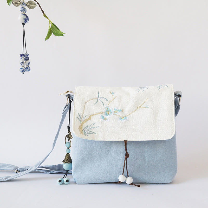 Buddha Stones Handmade Embroidered Plum Flowers Canvas Crossbody Bag Shoulder Bag Handbag Crossbody Bag BS Light Blue Plum Bamboo 17*19cm