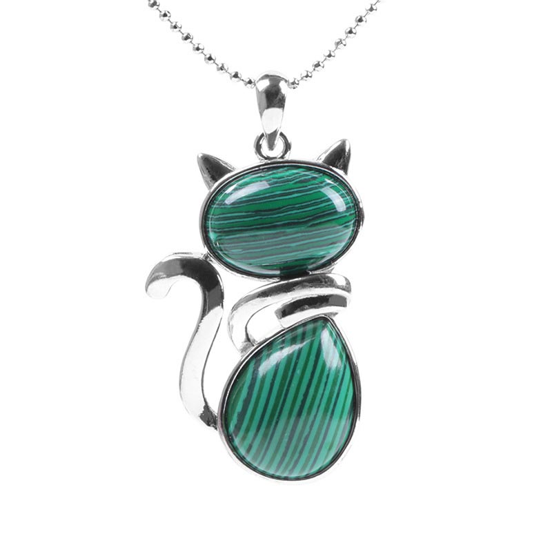 Buddha Stones Cat Pattern Natural Crystal Protection Necklace Pendant - Malachite - image 18