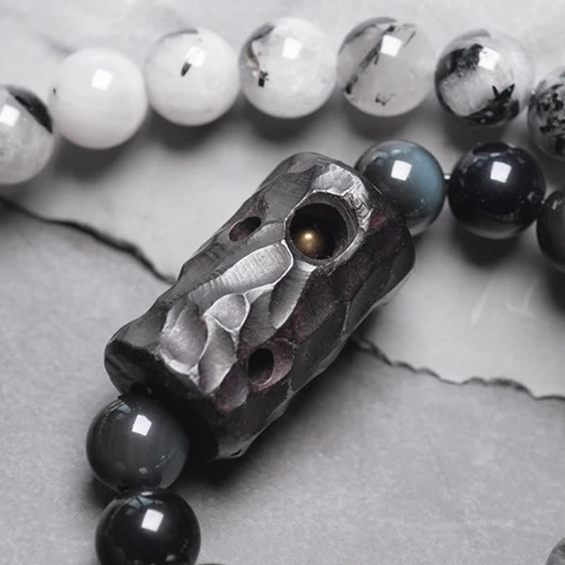 Buddha Stones Black Rutilated Quartz Ebony Wood White Crystal Success Couple Bracelet Bracelet BS 10