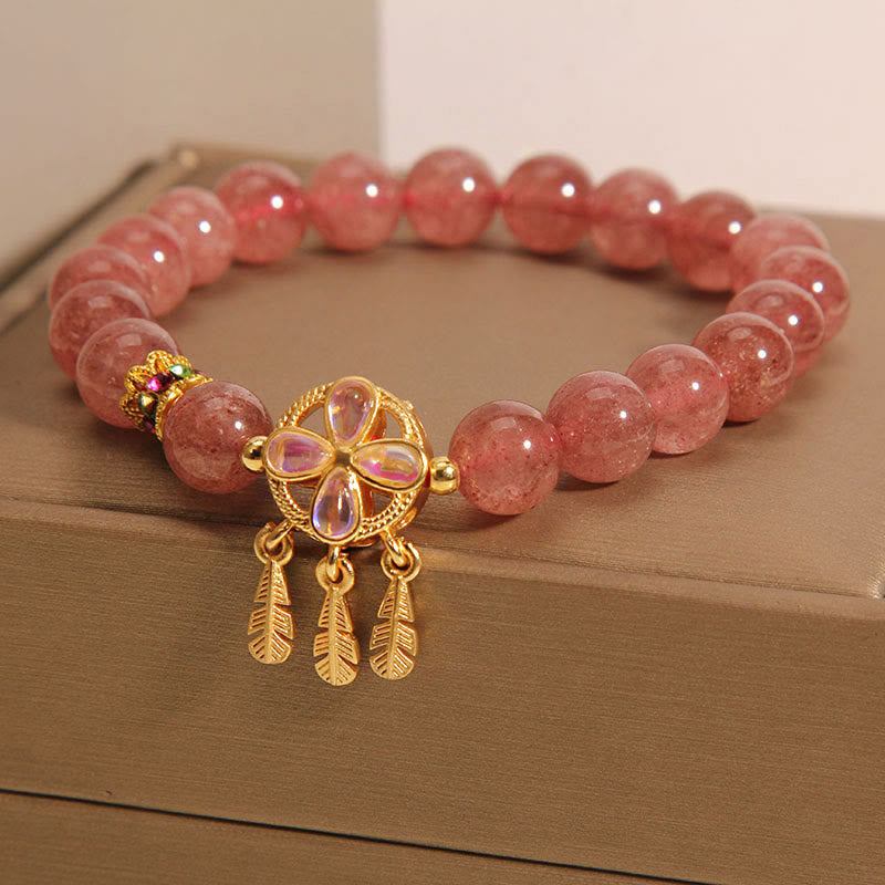 Buddha Stones Natural Strawberry Quartz Four Leaf Clover Dreamcatcher Charm Love Bracelet Bracelet BS 5