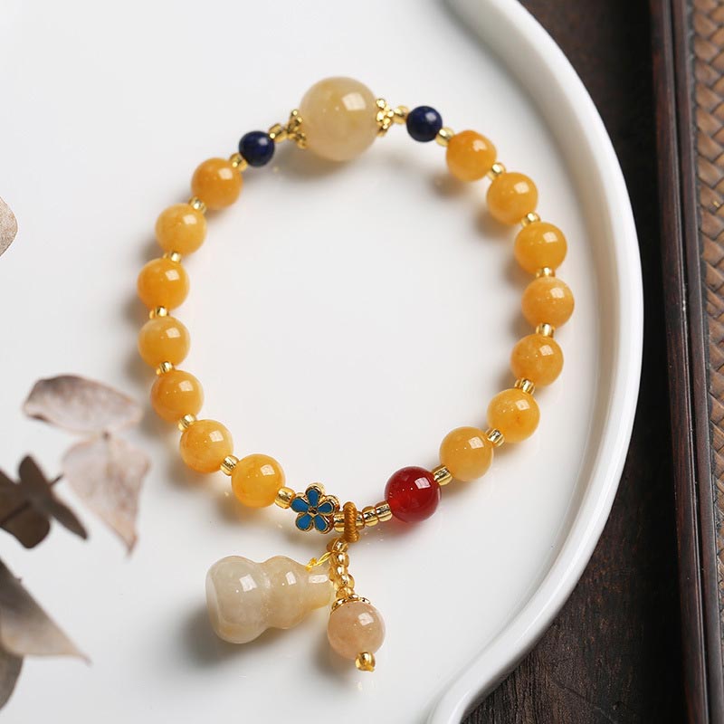 Buddha Stones Natural Golden Silk Jade Gourd Charm Wealth Luck Bracelet Bracelet BS 1